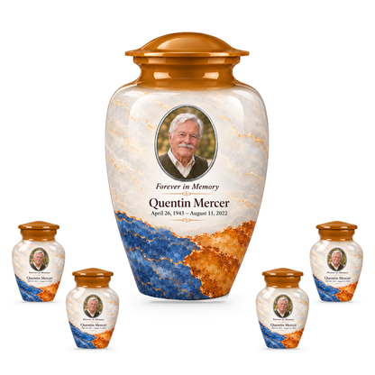 Yatskia Ochre Tectonic 10-inch adult urn with four 3-inch keepsake urns on white background