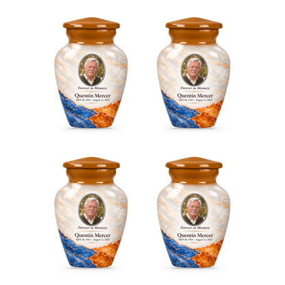Yatskia Ochre Tectonic four 3-inch keepsake urns on white background