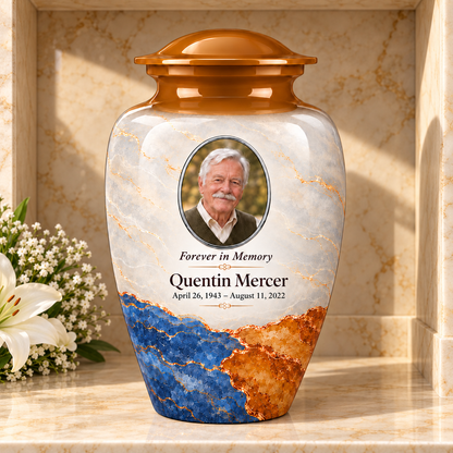 Yatskia Ochre Tectonic personalized urn in a columbarium niche