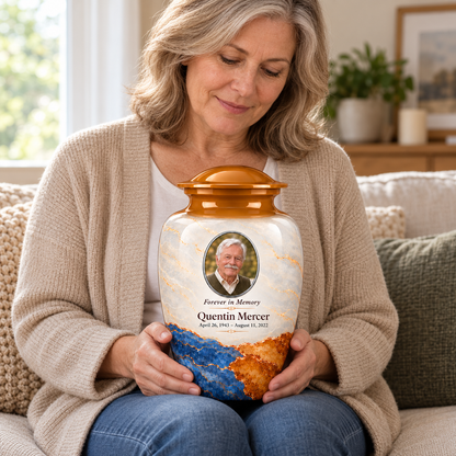 Yatskia Ochre Tectonic personalized urn held on a seated adult’s lap