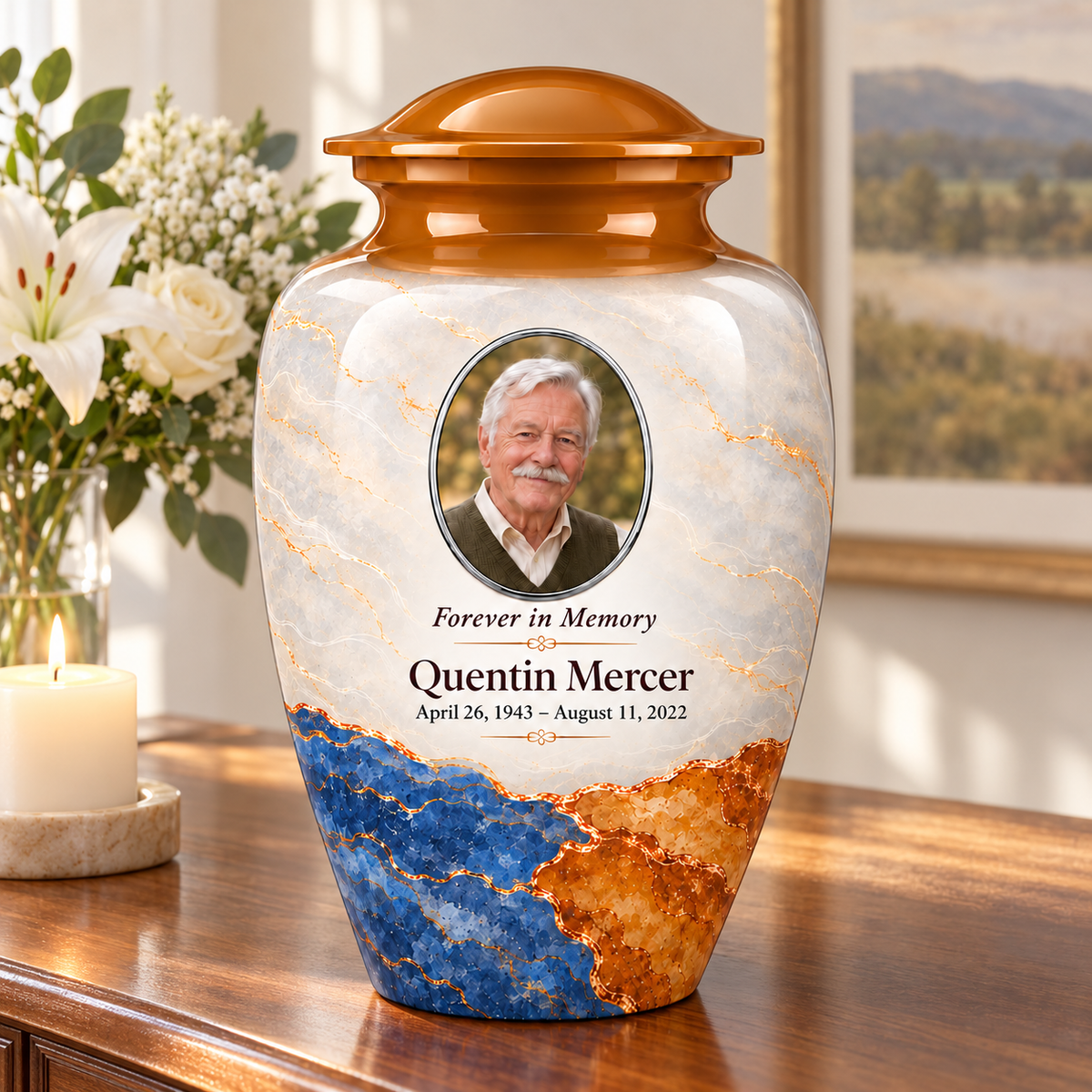 Yatskia Ochre Tectonic personalized urn on a memorial console