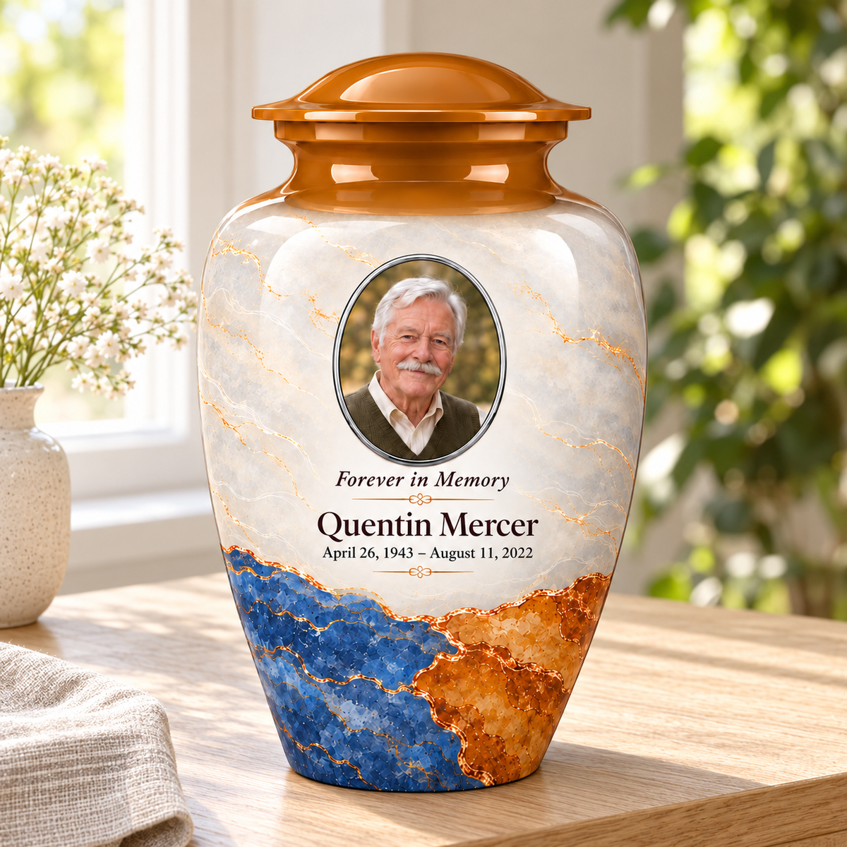 Yatskia Ochre Tectonic personalized urn in a sunlit home