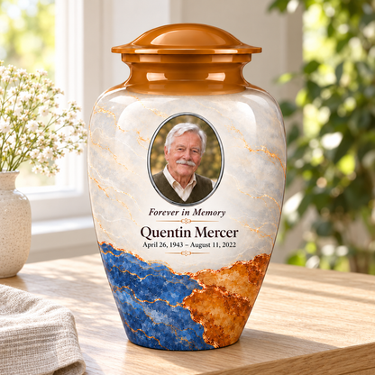 Yatskia Ochre Tectonic personalized urn in a sunlit home