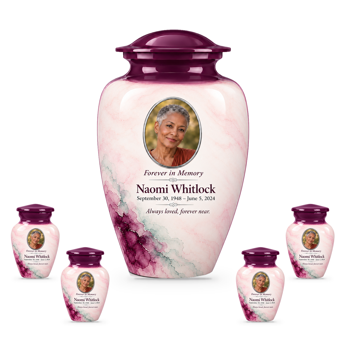 Yatskia Eggplant Starwash 10-inch adult urn with four 3-inch keepsake urns on white background