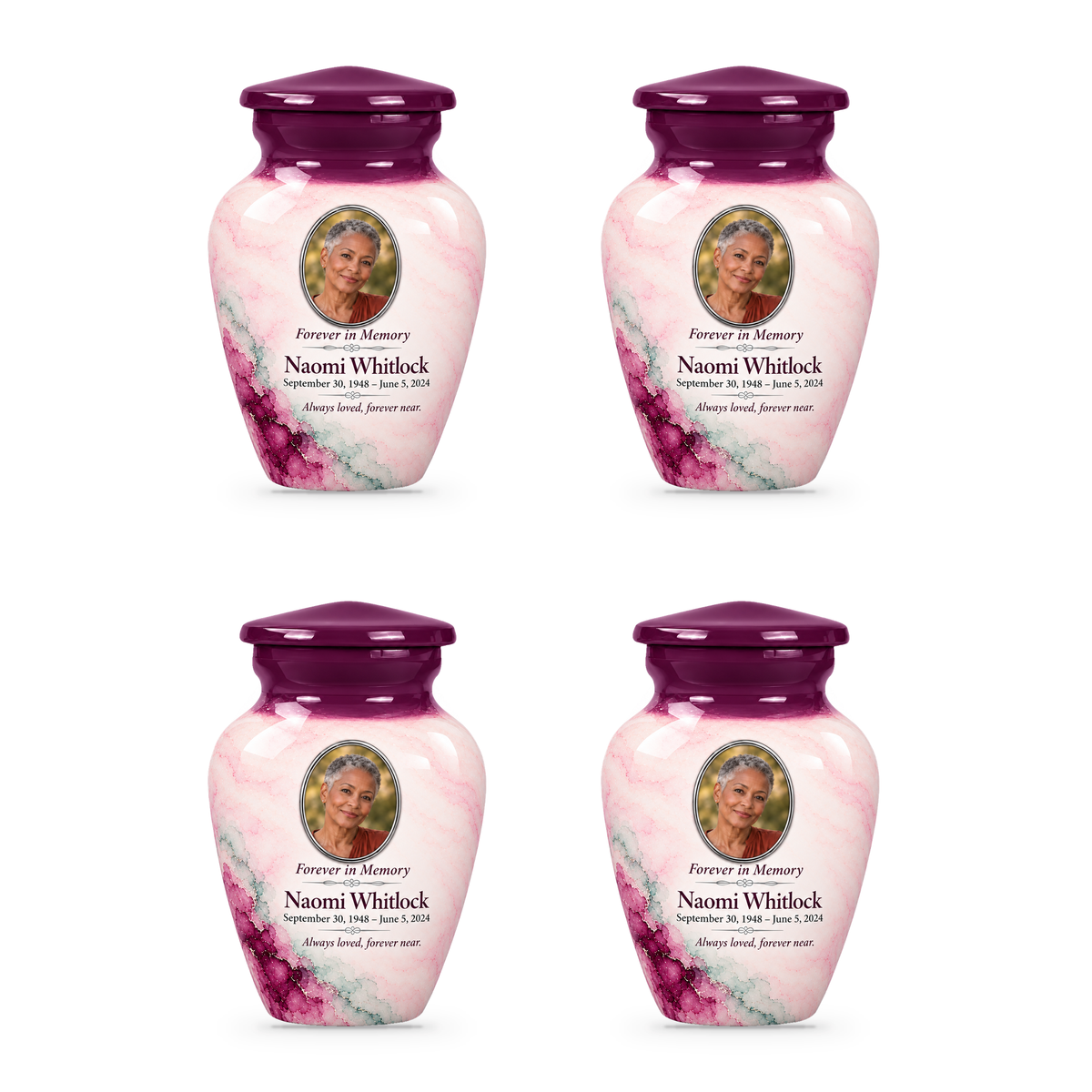 Yatskia Eggplant Starwash four 3-inch keepsake urns on white background