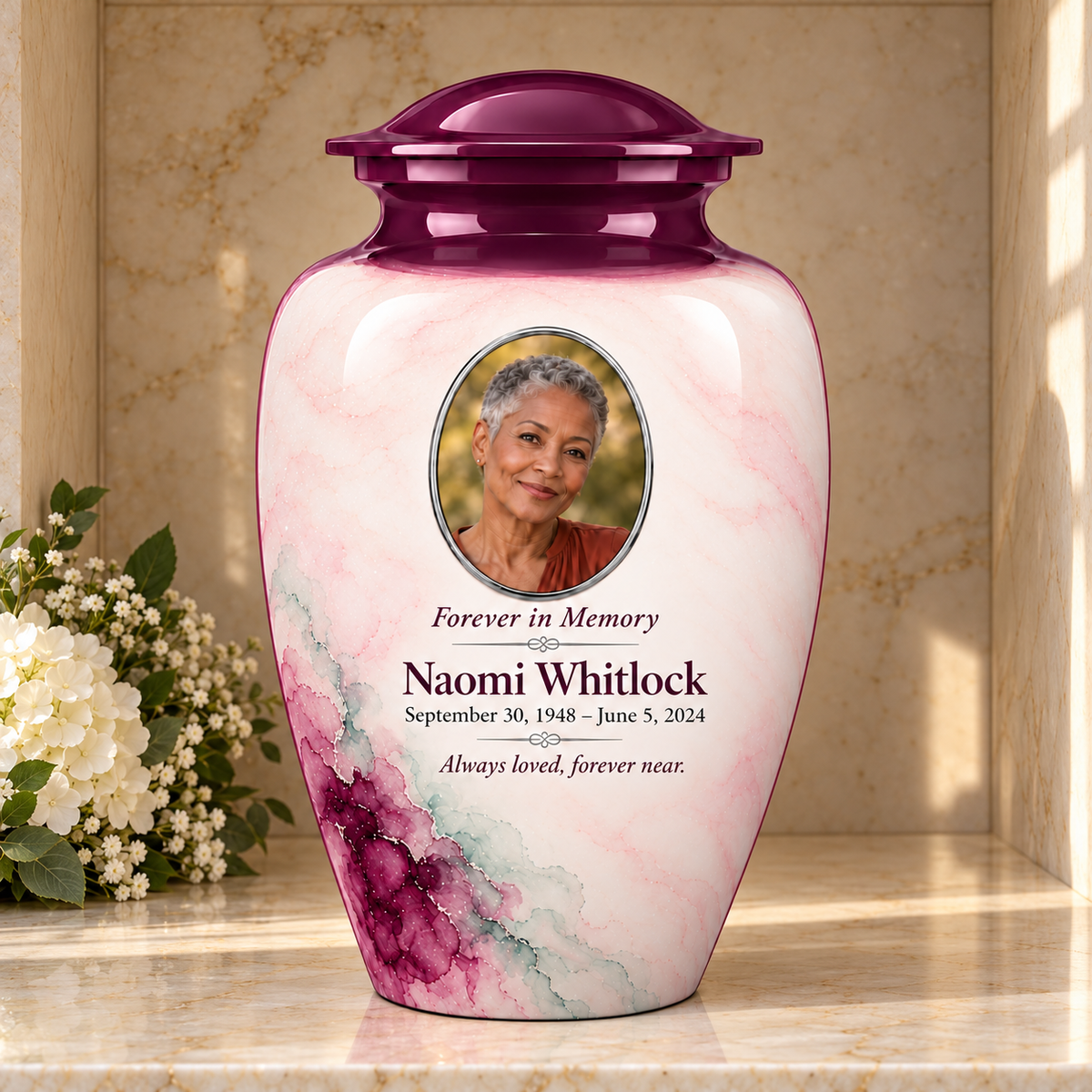 Yatskia Eggplant Starwash personalized urn in a columbarium niche