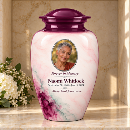 Yatskia Eggplant Starwash personalized urn in a columbarium niche