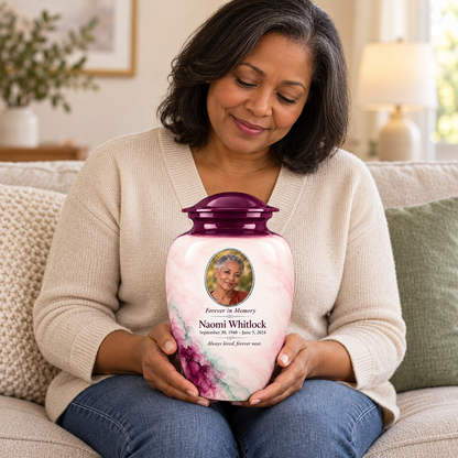 Yatskia Eggplant Starwash personalized urn held on a seated adult’s lap