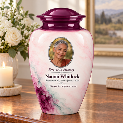 Yatskia Eggplant Starwash personalized urn on a memorial console