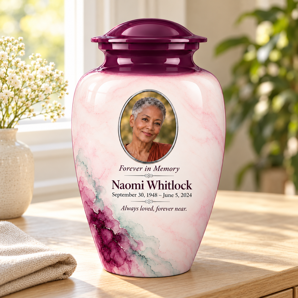 Yatskia Eggplant Starwash personalized urn in a sunlit home