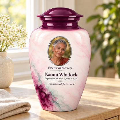 Yatskia Eggplant Starwash personalized urn in a sunlit home