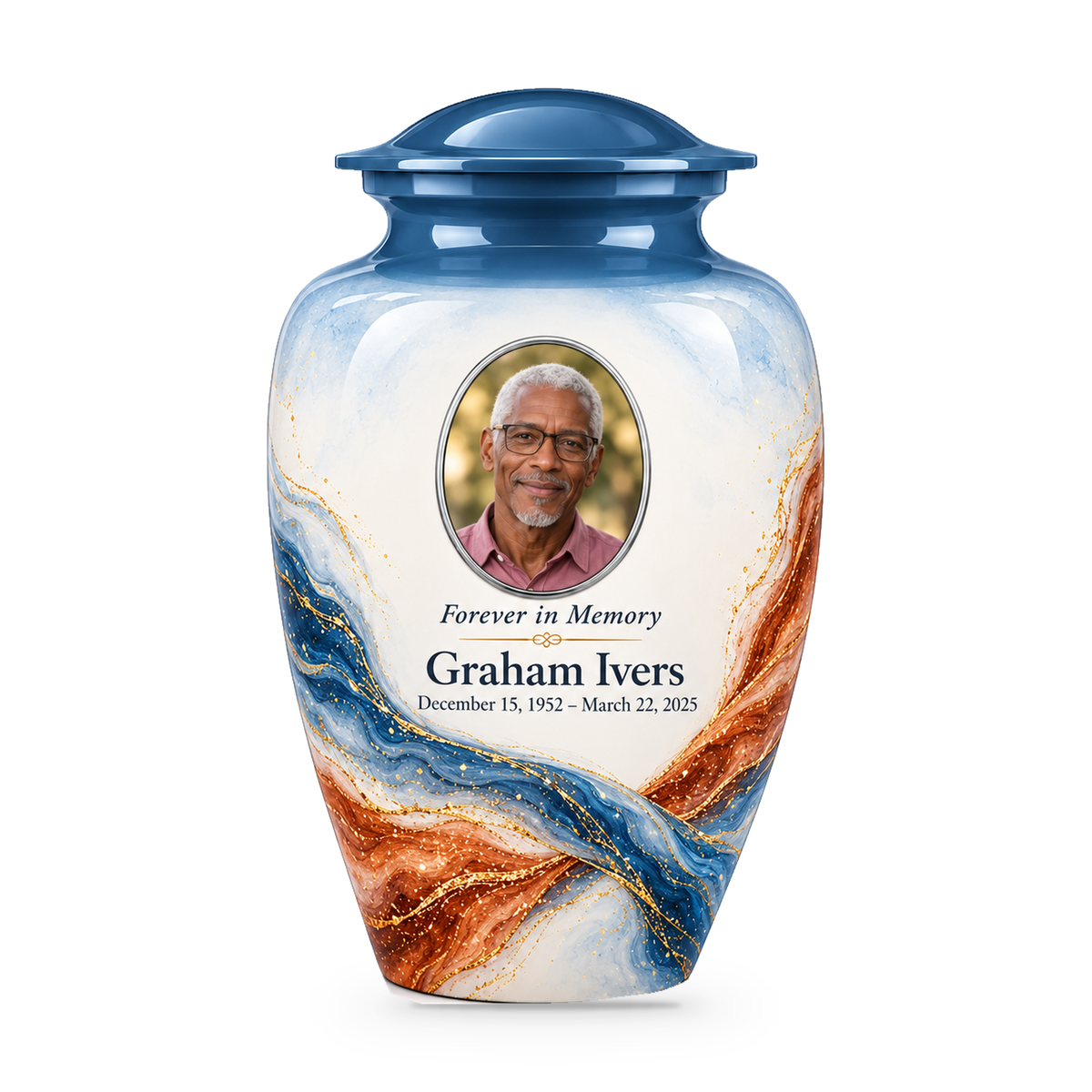Yatskia Steelblue Torsion 10-inch adult urn on white background