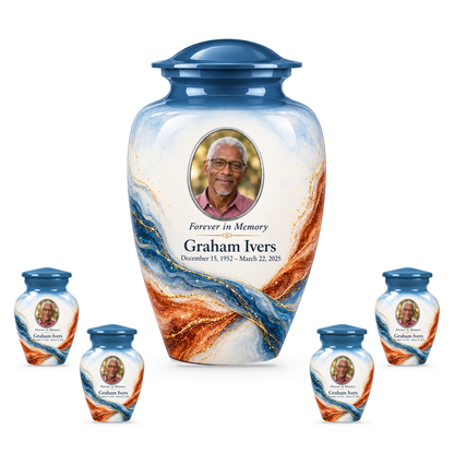 Yatskia Steelblue Torsion 10-inch adult urn with four 3-inch keepsake urns on white background