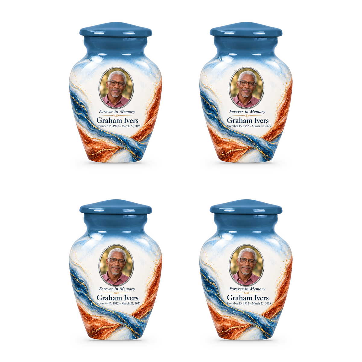 Yatskia Steelblue Torsion four 3-inch keepsake urns on white background