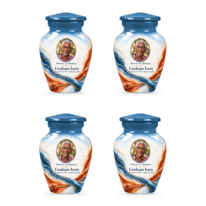 Yatskia Steelblue Torsion four 3-inch keepsake urns on white background