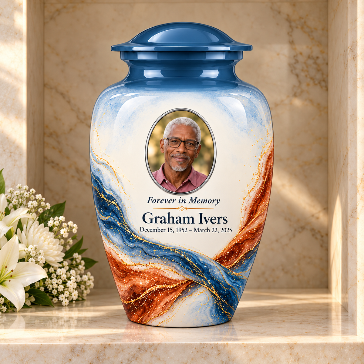 Yatskia Steelblue Torsion personalized urn in a columbarium niche