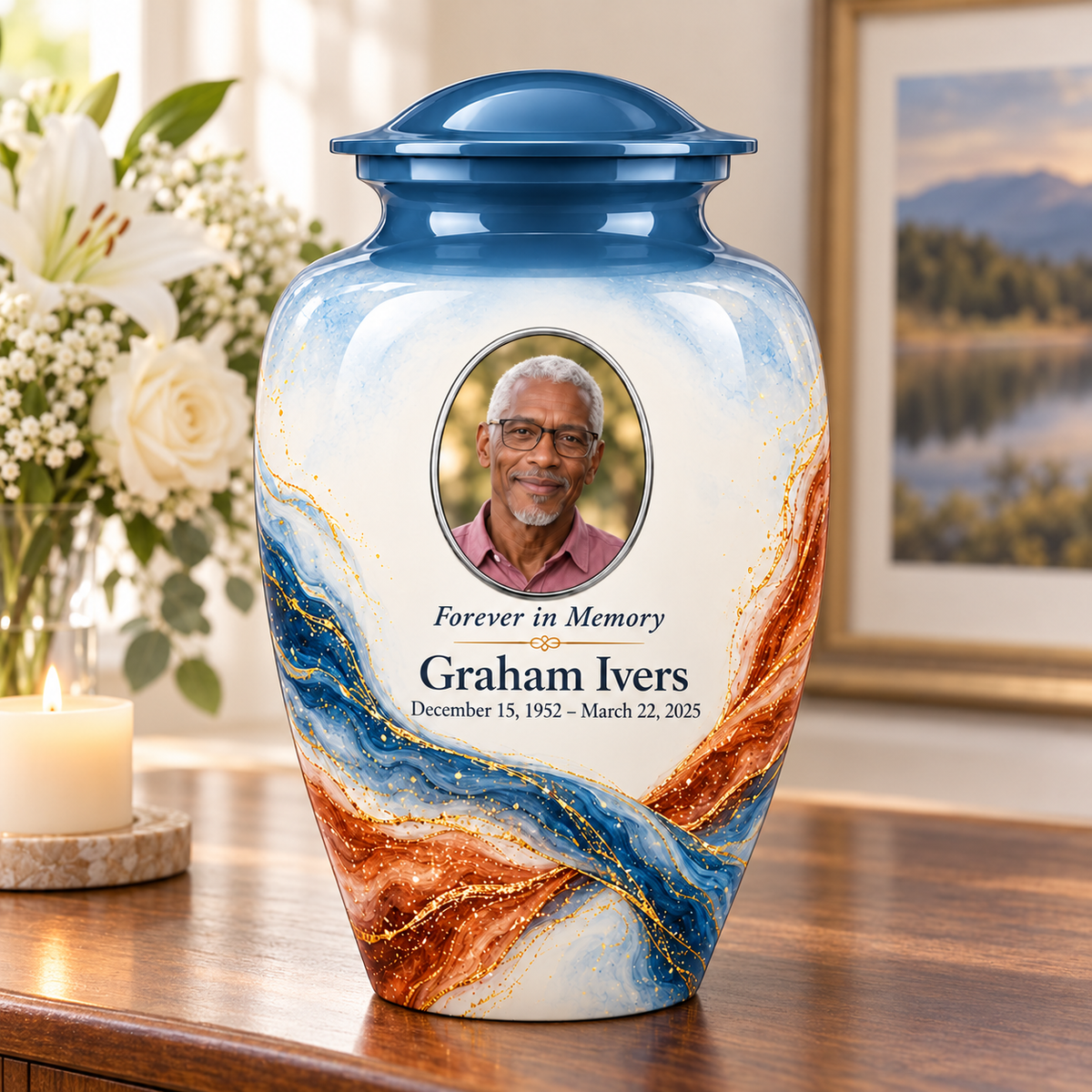 Yatskia Steelblue Torsion personalized urn on a memorial console