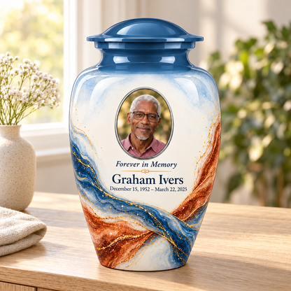 Yatskia Steelblue Torsion personalized urn in a sunlit home