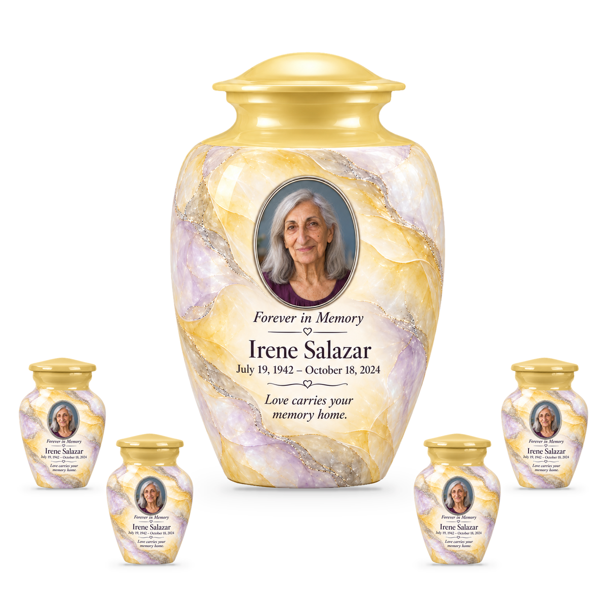 Yatskia Citron Veil 10-inch adult urn with four 3-inch keepsake urns on white background