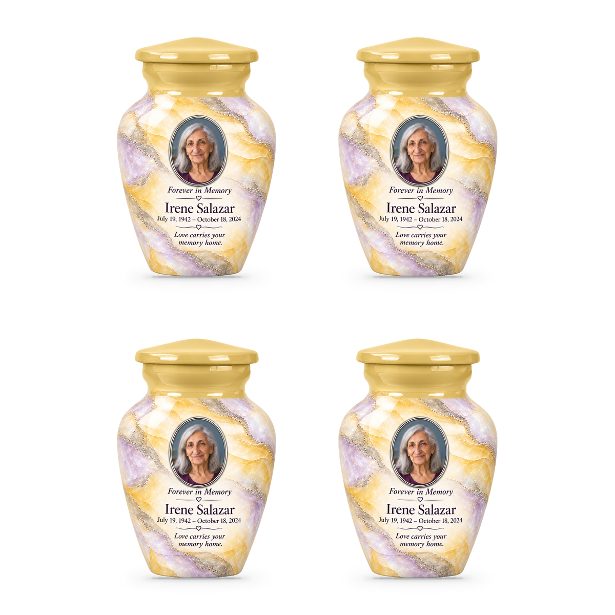 Yatskia Citron Veil four 3-inch keepsake urns on white background