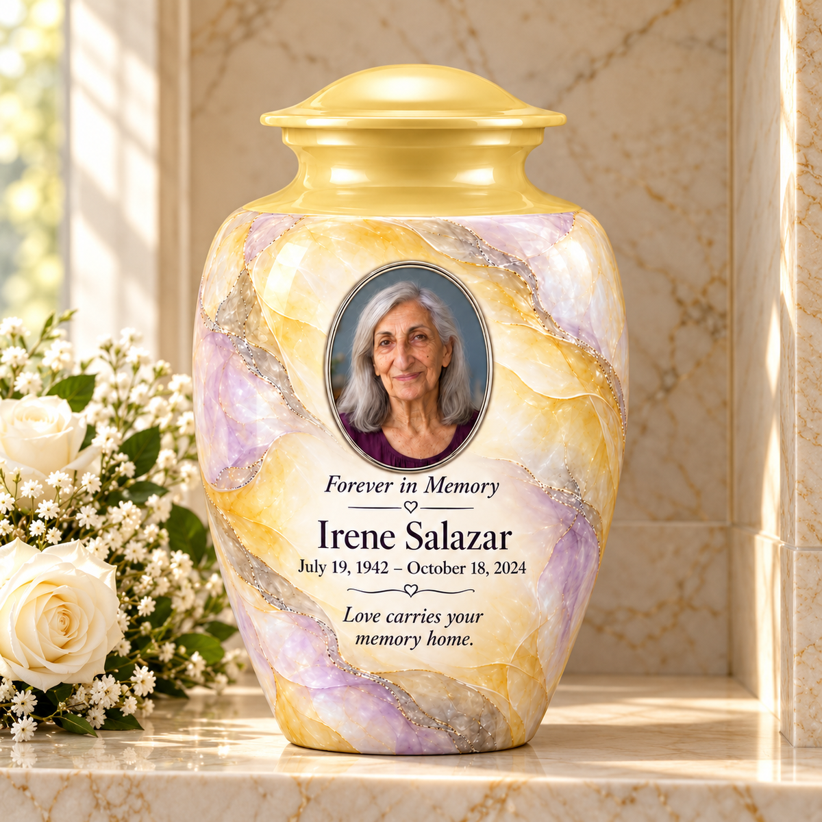 Yatskia Citron Veil personalized urn in a columbarium niche
