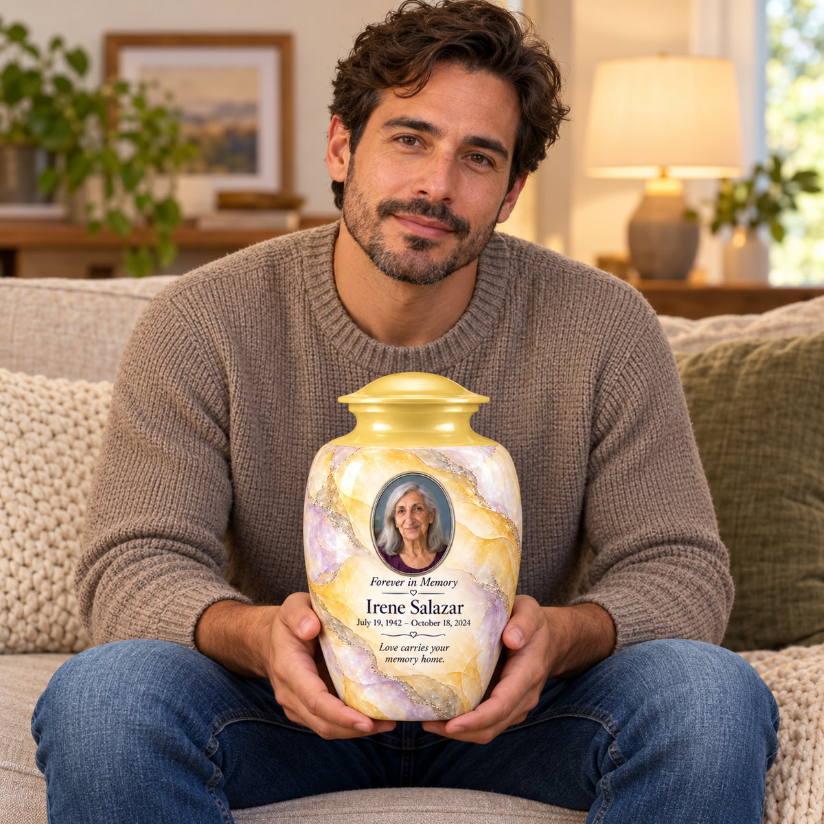 Yatskia Citron Veil personalized urn held on a seated adult’s lap