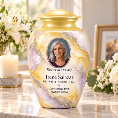 Yatskia Citron Veil personalized urn on a memorial console