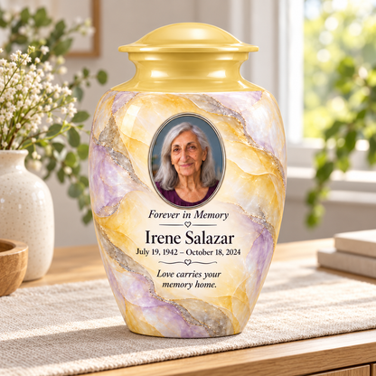 Yatskia Citron Veil personalized urn in a sunlit home