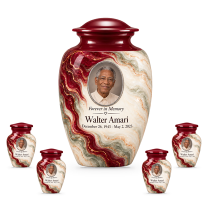 Yatskia Merlot Ribbonfall 10-inch adult urn with four 3-inch keepsake urns on white background