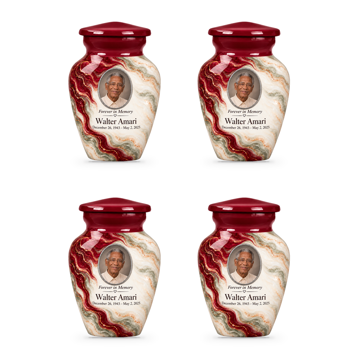 Yatskia Merlot Ribbonfall four 3-inch keepsake urns on white background