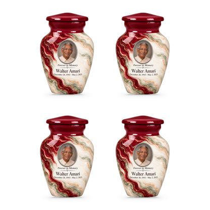 Yatskia Merlot Ribbonfall four 3-inch keepsake urns on white background