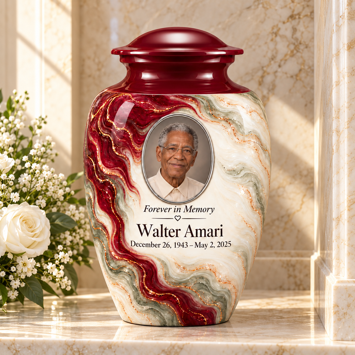 Yatskia Merlot Ribbonfall personalized urn in a columbarium niche