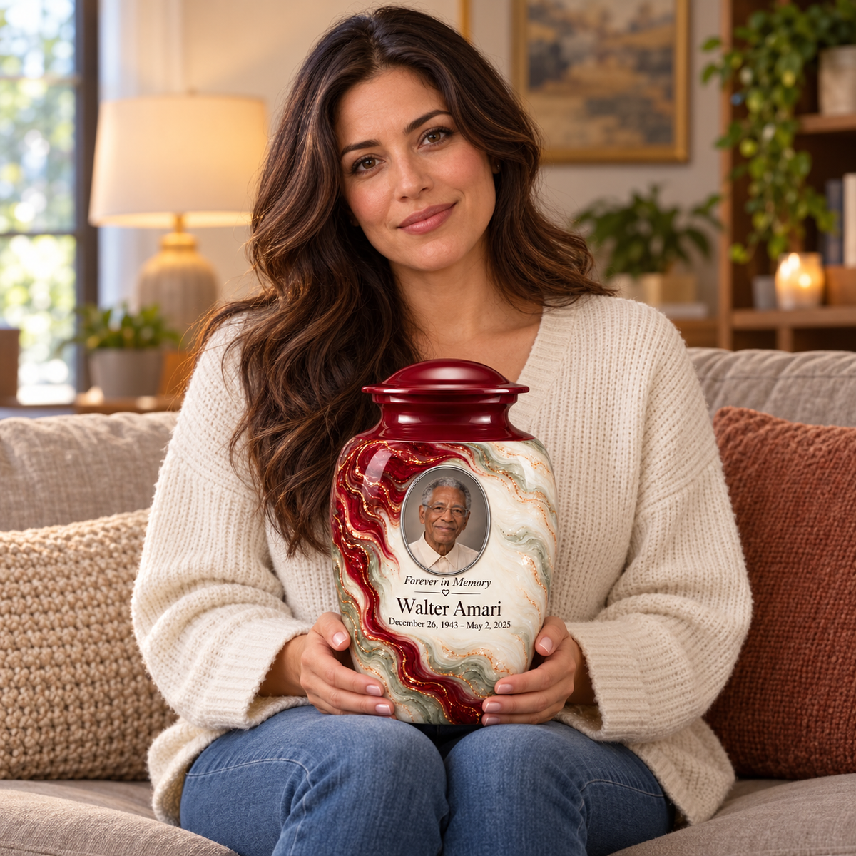 Yatskia Merlot Ribbonfall personalized urn held on a seated adult’s lap