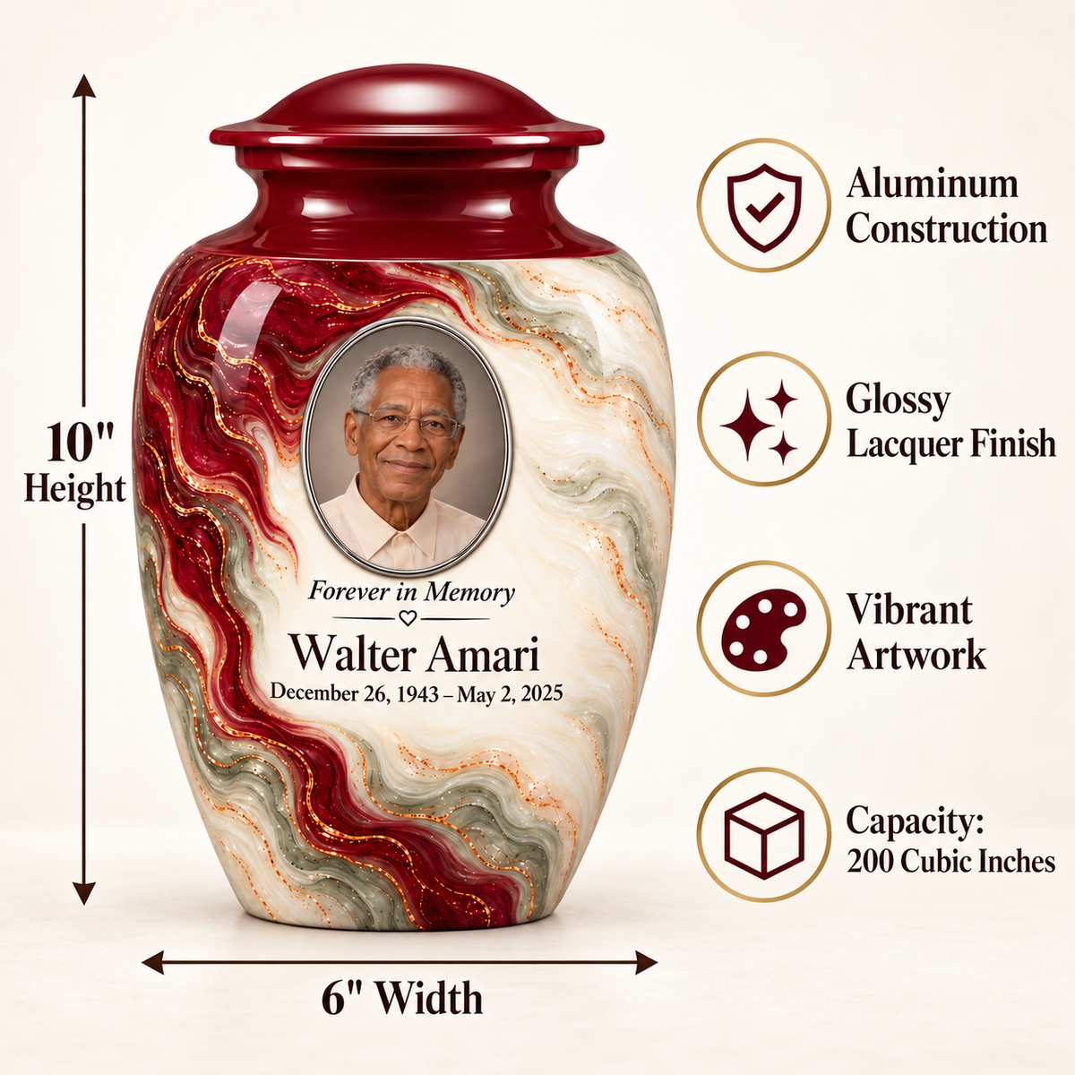 Yatskia Merlot Ribbonfall urn dimensions and product features guide