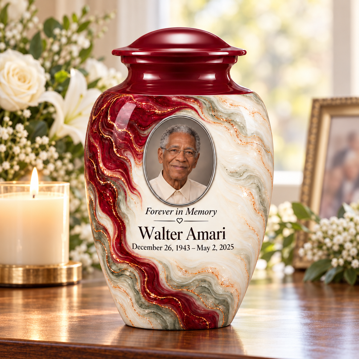 Yatskia Merlot Ribbonfall personalized urn on a memorial console