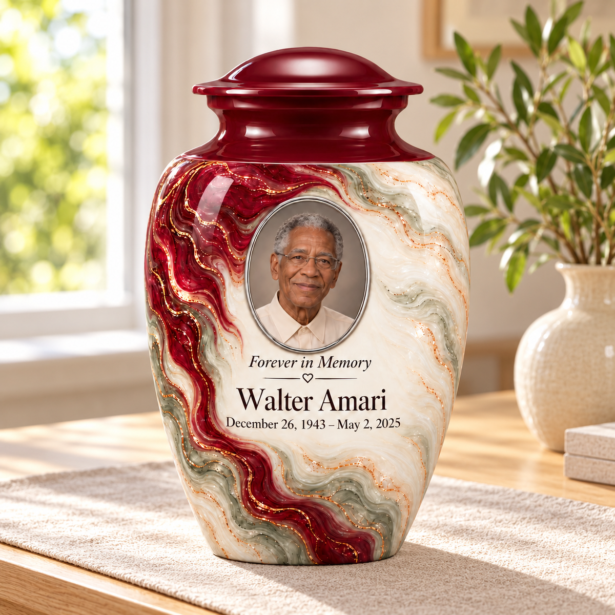 Yatskia Merlot Ribbonfall personalized urn in a sunlit home