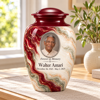 Yatskia Merlot Ribbonfall personalized urn in a sunlit home