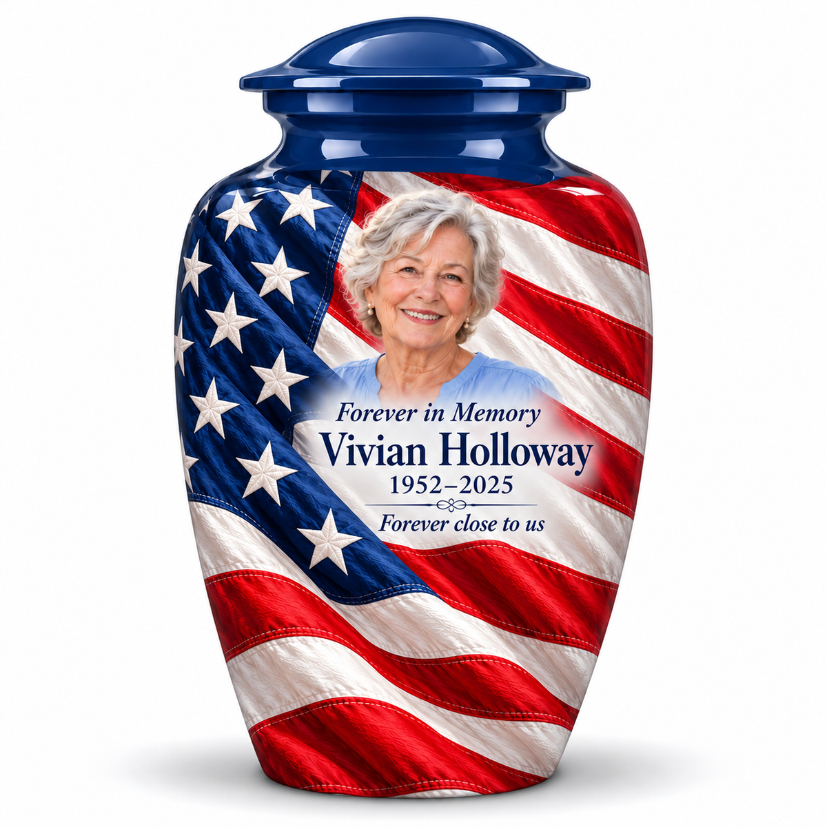 Blue American flag adult urn with flag diagonal drape artwork and a borderless sample portrait