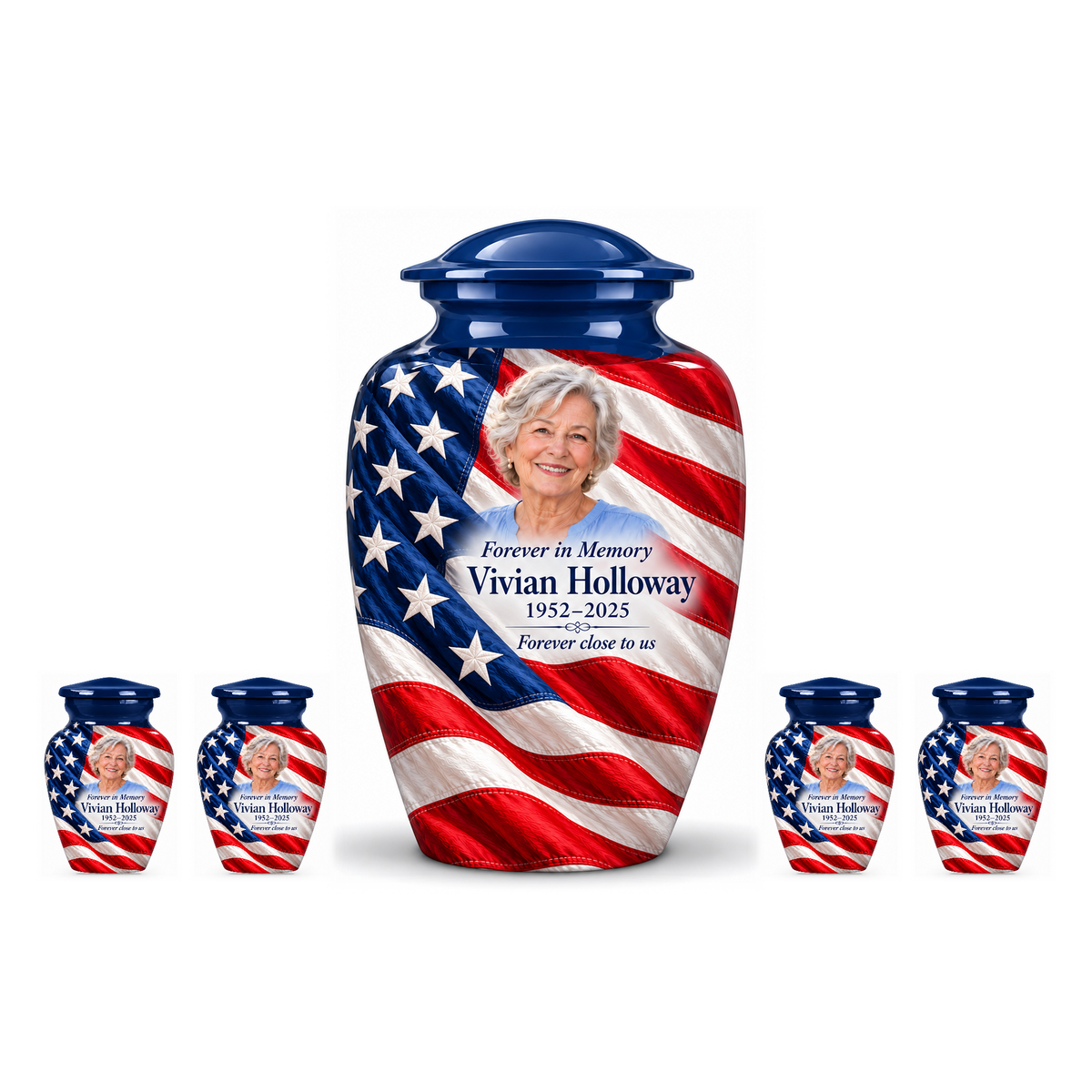 One Flag Diagonal Drape American flag adult urn with four matching keepsake urns, sample photo and text, on a white background