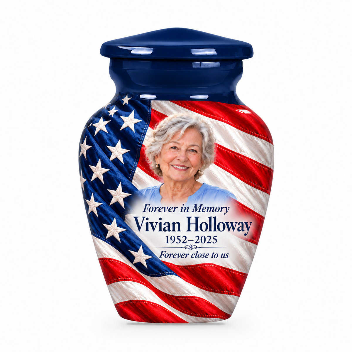Matching blue American flag keepsake urn with flag diagonal drape artwork and optional photo and text personalization