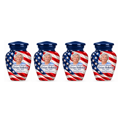 Four matching Flag Diagonal Drape American flag keepsake urns with sample photo and text on a white background