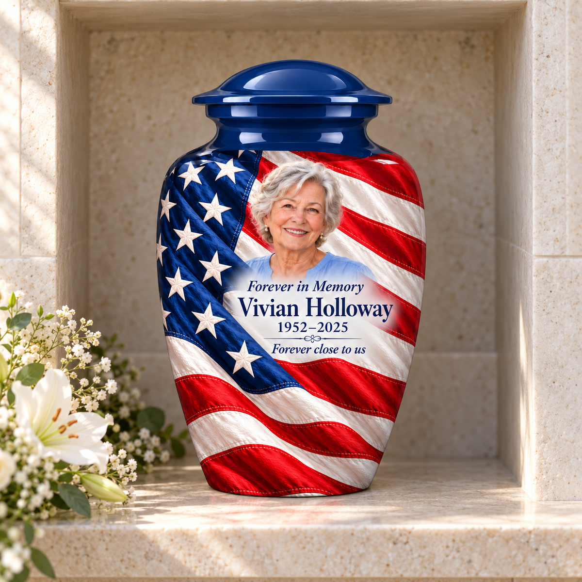 Flag Diagonal Drape American flag adult urn with sample photo and text displayed in a columbarium niche