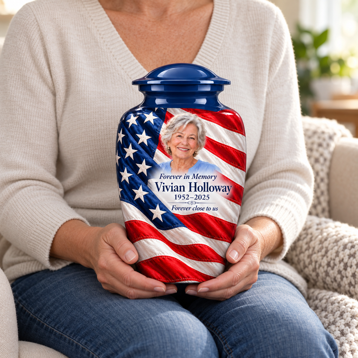 Flag Diagonal Drape American flag adult urn with sample photo and text held upright on a seated person’s lap