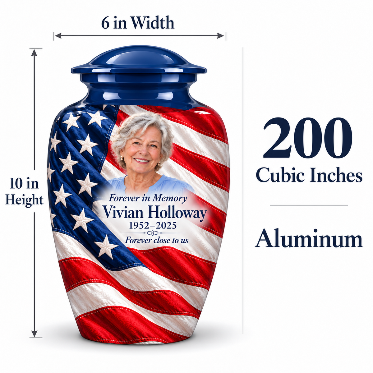 Flag Diagonal Drape American flag adult urn size guide showing 10-inch height, 6-inch width, 200-cubic-inch capacity and Aluminum material