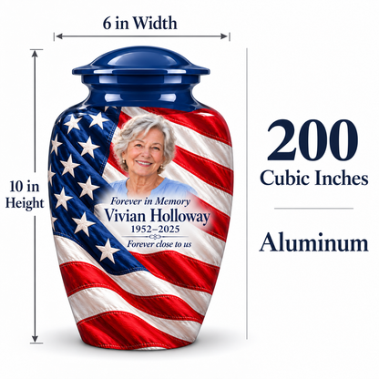 Flag Diagonal Drape American flag adult urn size guide showing 10-inch height, 6-inch width, 200-cubic-inch capacity and Aluminum material