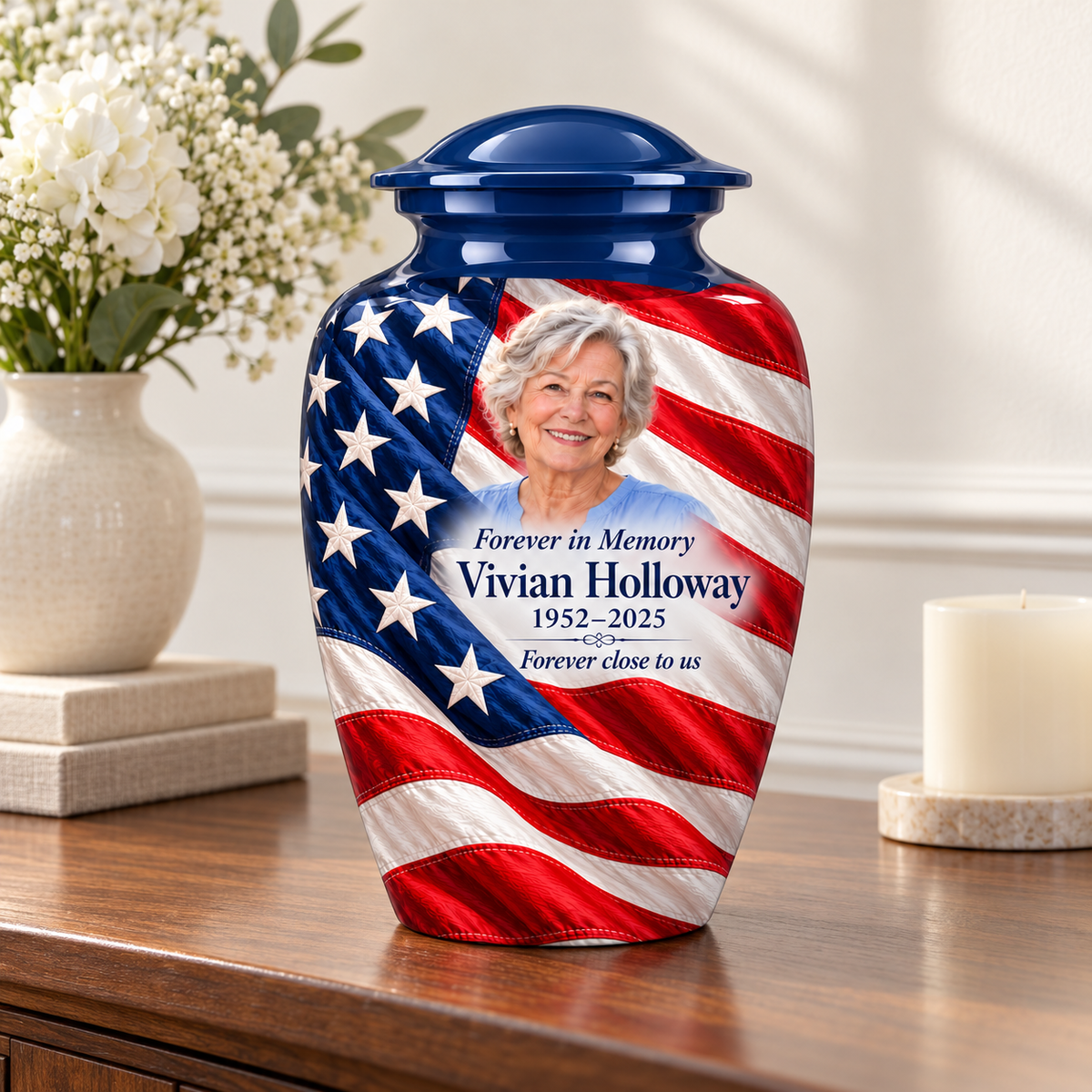 Flag Diagonal Drape American flag adult urn with sample photo and text displayed on a memorial console