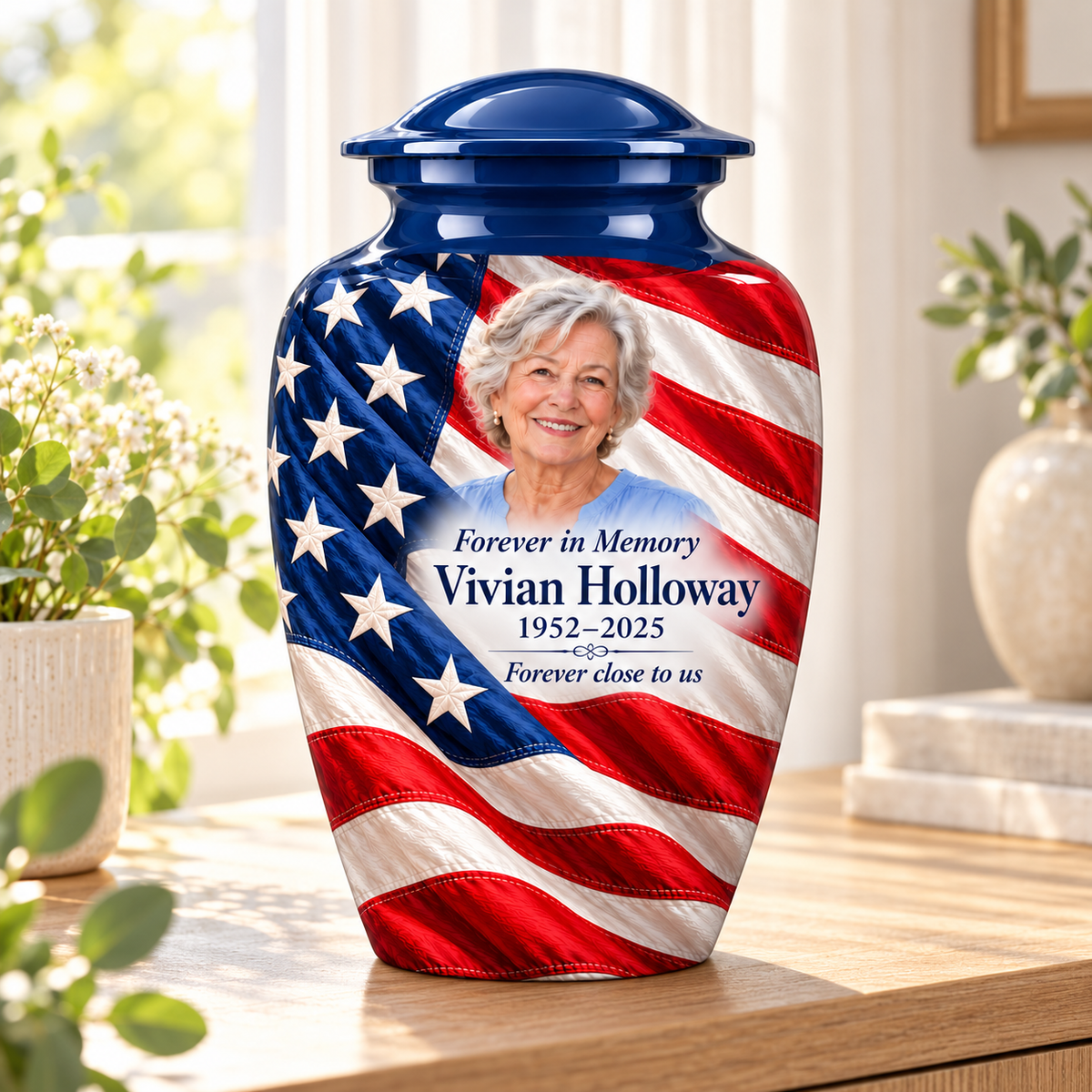 Flag Diagonal Drape American flag adult urn with sample photo and text displayed in a sunlit home