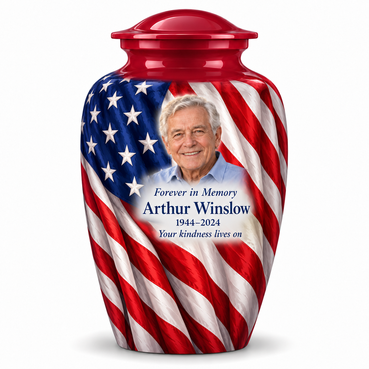 Red American flag adult urn with flag vertical drape artwork and a borderless sample portrait