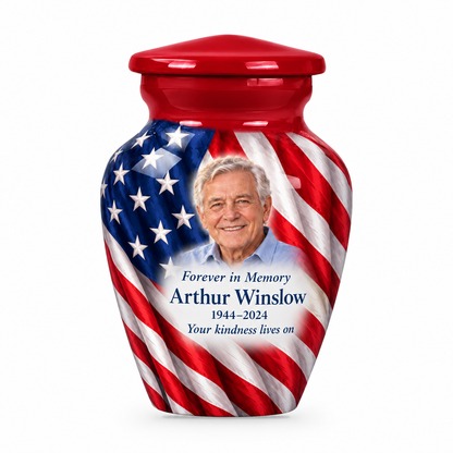 Matching red American flag keepsake urn with flag vertical drape artwork and optional photo and text personalization