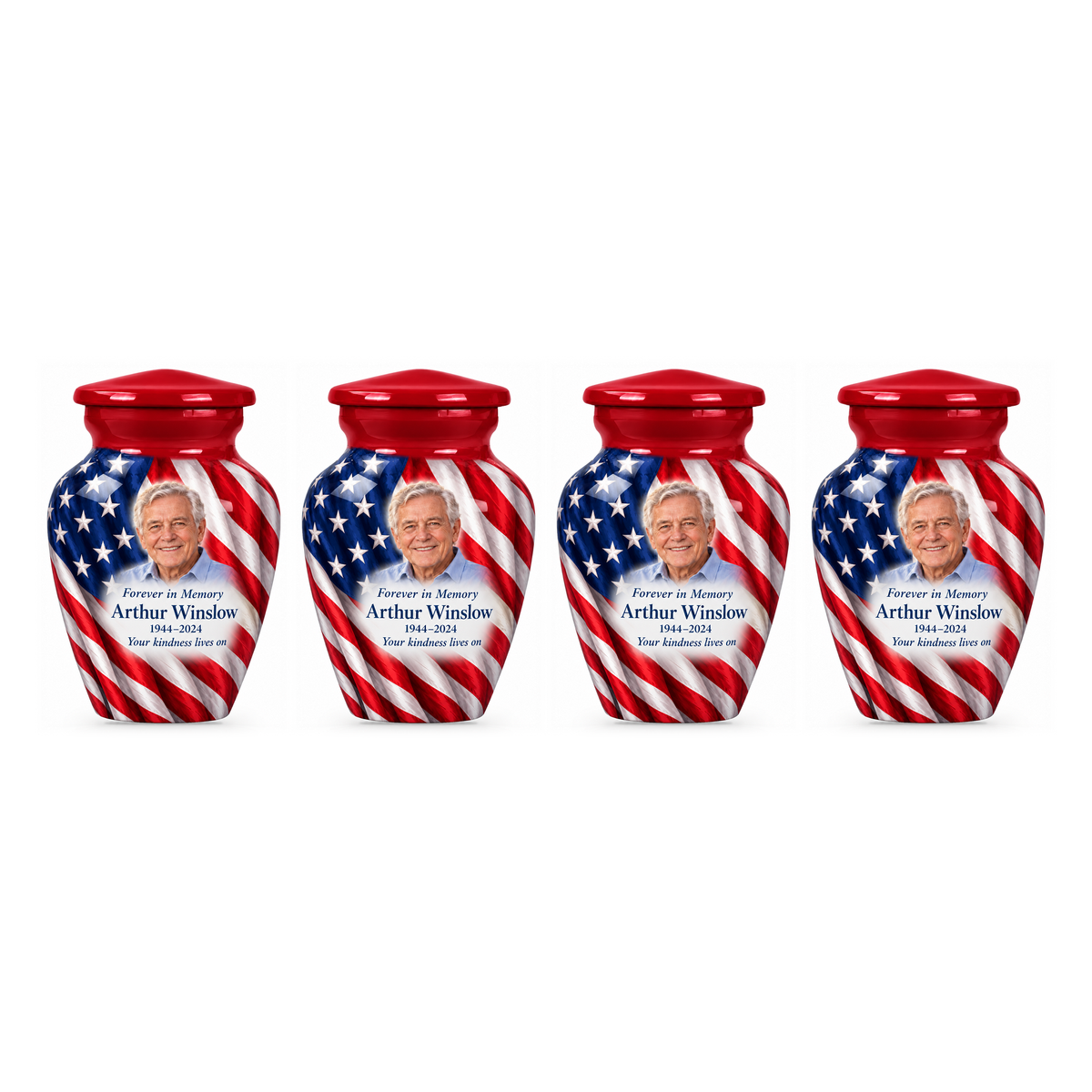 Four matching Flag Vertical Drape American flag keepsake urns with sample photo and text on a white background